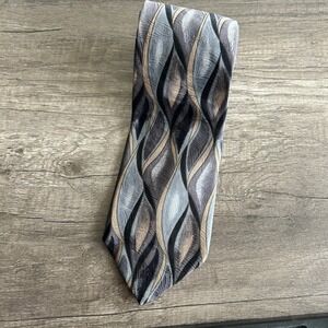 VTG Tom James Mens Silk Tie Gray Blue Wide Abstract Wave Gold Designer Business